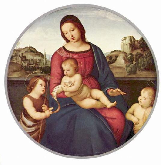 RAFFAELLO Sanzio Madonna Terranuova, Szene: Maria mit Christuskind und zwei Heiligen, Tondo Sweden oil painting art